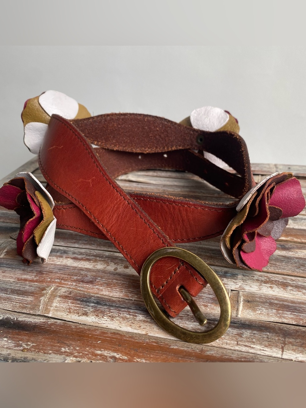 Lucky Penny for Anthropologie leather belt 3D layered petal blossoms boho hippie